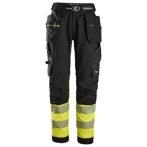 SNICKERS WORKWEAR Hi-Vis 6934 darba bikses no elastīga auduma, ar karājamām kabatām, 1. klase
