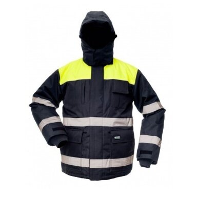 Striukė BoSafety WJ-CANVAS-1104 su atšvaito juostomis, mėlyna-geltona Striukė BoSafety WJ-CANVAS-1104 su atšvaito juostomis, mėlyna-geltona