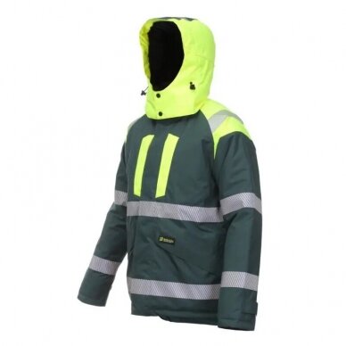 Silta un ūdensizturīga BoSafety CANVAS WJ-8926ZNEW jaka ar atstarojošām segmenta svītrām, dzeltena/zaļa 2 Silta un ūdensizturīga BoSafety CANVAS WJ-8926ZNEW jaka ar atstarojošām segmenta svītrām, dzeltena/zaļa 2