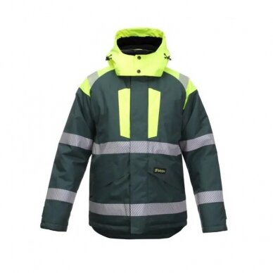 Silta un ūdensizturīga BoSafety CANVAS WJ-8926ZNEW jaka ar atstarojošām segmenta svītrām, dzeltena/zaļa Silta un ūdensizturīga BoSafety CANVAS WJ-8926ZNEW jaka ar atstarojošām segmenta svītrām, dzeltena/zaļa