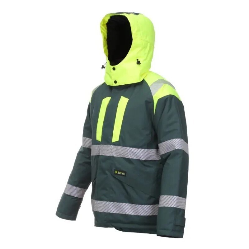 Silta un ūdensizturīga BoSafety CANVAS WJ-8926ZNEW jaka ar atstarojošām segmenta svītrām, dzeltena/zaļa 2 Silta un ūdensizturīga BoSafety CANVAS WJ-8926ZNEW jaka ar atstarojošām segmenta svītrām, dzeltena/zaļa 2