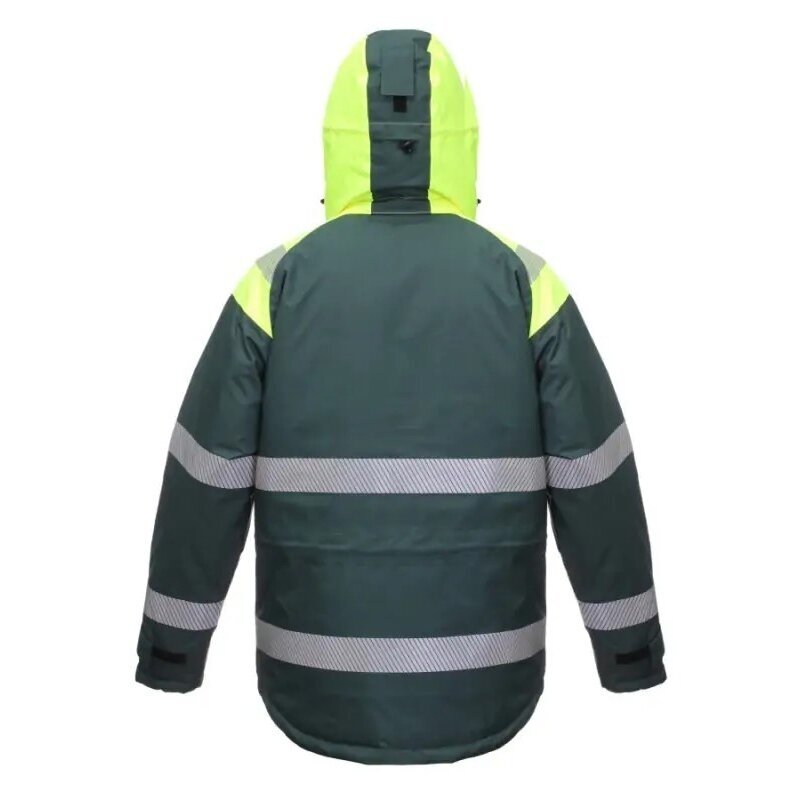 Silta un ūdensizturīga BoSafety CANVAS WJ-8926ZNEW jaka ar atstarojošām segmenta svītrām, dzeltena/zaļa 1